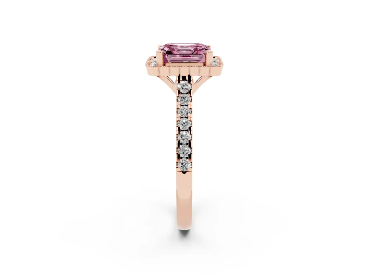 Fancy Pink Asscher Cut Cut Diamond Milgrain Floral Halo Engagement Ring with Pavé Band Rose gold
