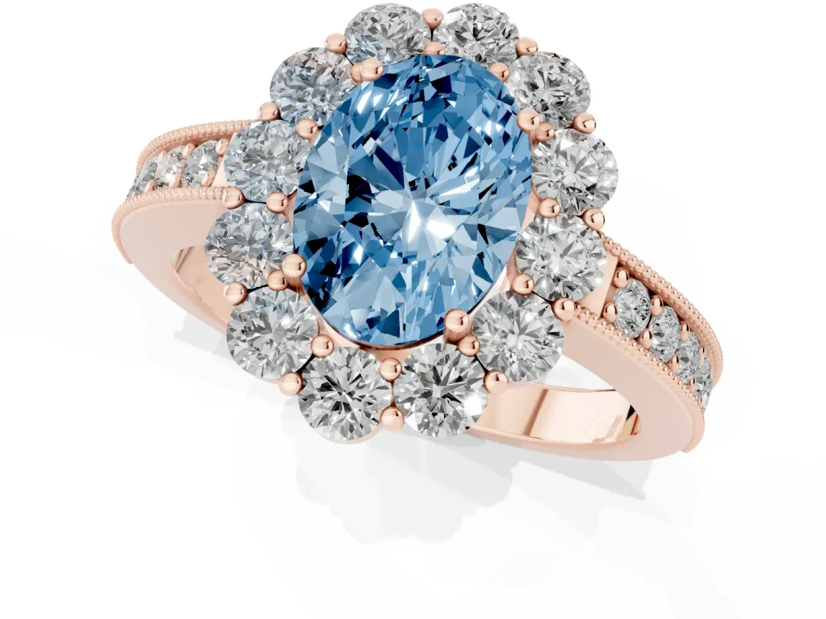 Fancy Blue Oval Cut Cut Halo Diamond Pavé Engagement Ring with Milgrain Detailing Rose gold