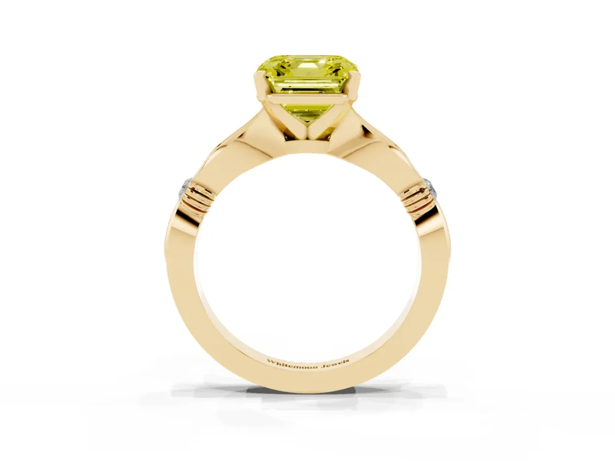 Fancy Yellow Asscher Cut Solitaire Diamond Twisted Band with Four-Prong Setting Yellow gold