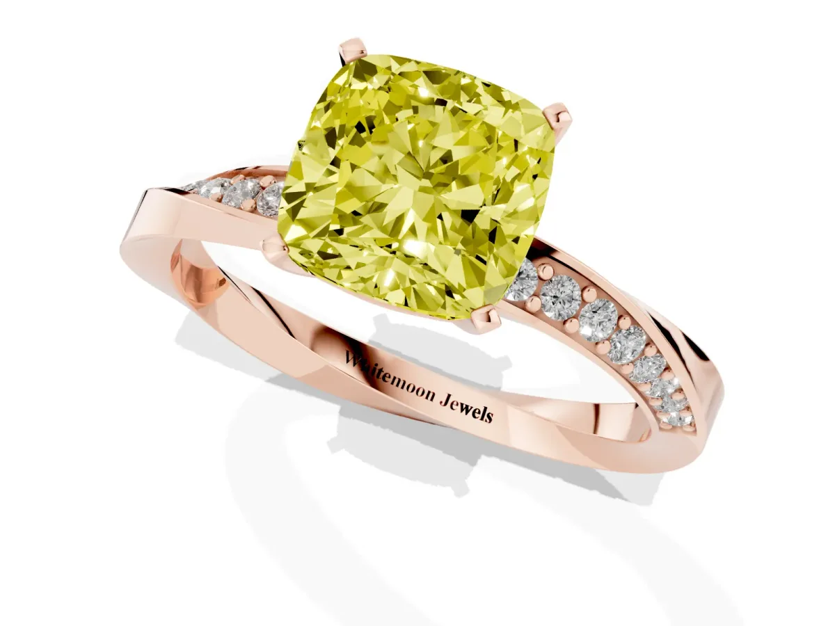 Fancy Yellow Cushion Cut Diamond Engagement Ring with Side Stone Accents and Four-Prong Setting Rose gold