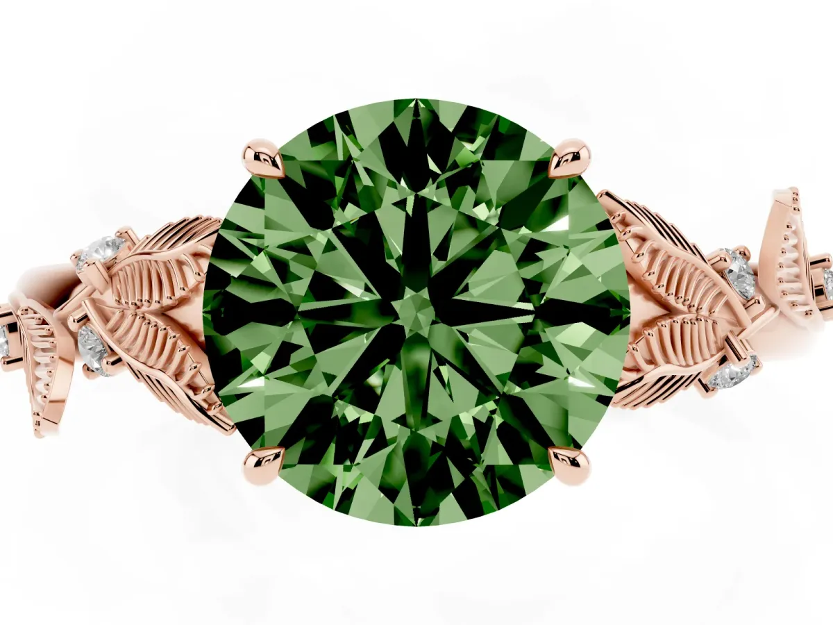 Fancy Green Round Cut Diamond Solitaire Ring with Leaf Motif Band and Four-Prong Setting Rose gold