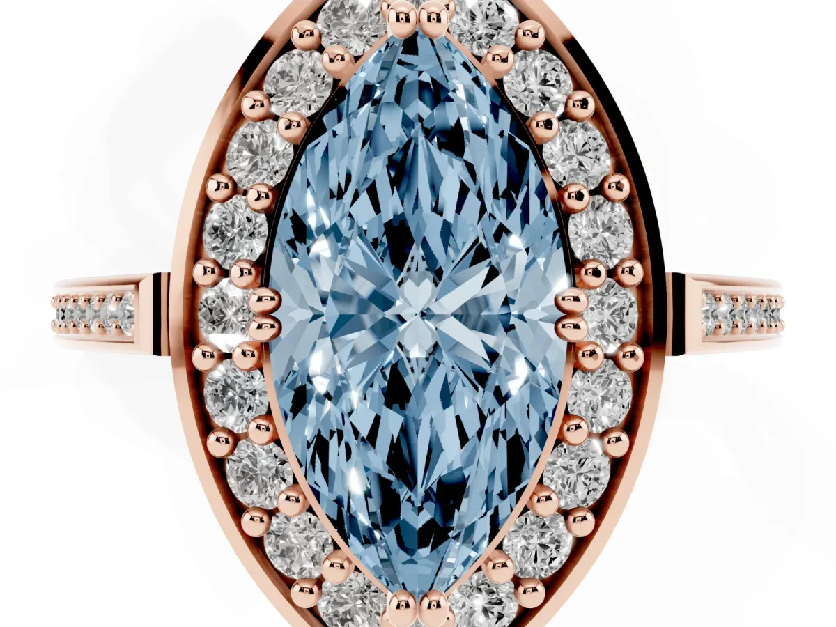 Fancy Blue Marquise Cut Diamond Halo Ring with Split Shank and Four-Prong Setting Rose gold