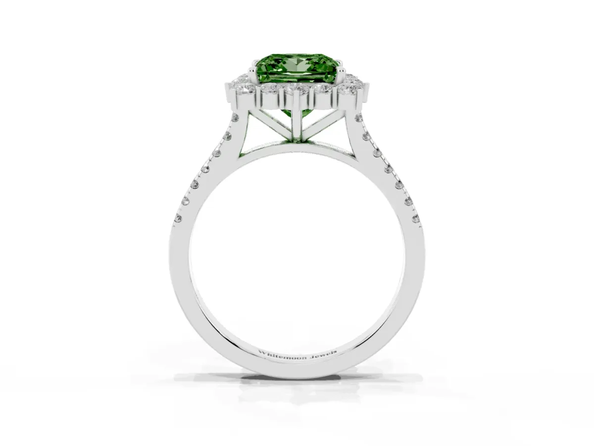 Fancy Green Princess Cut Halo Diamond Ring with Pavé Band and Prong Setting White gold