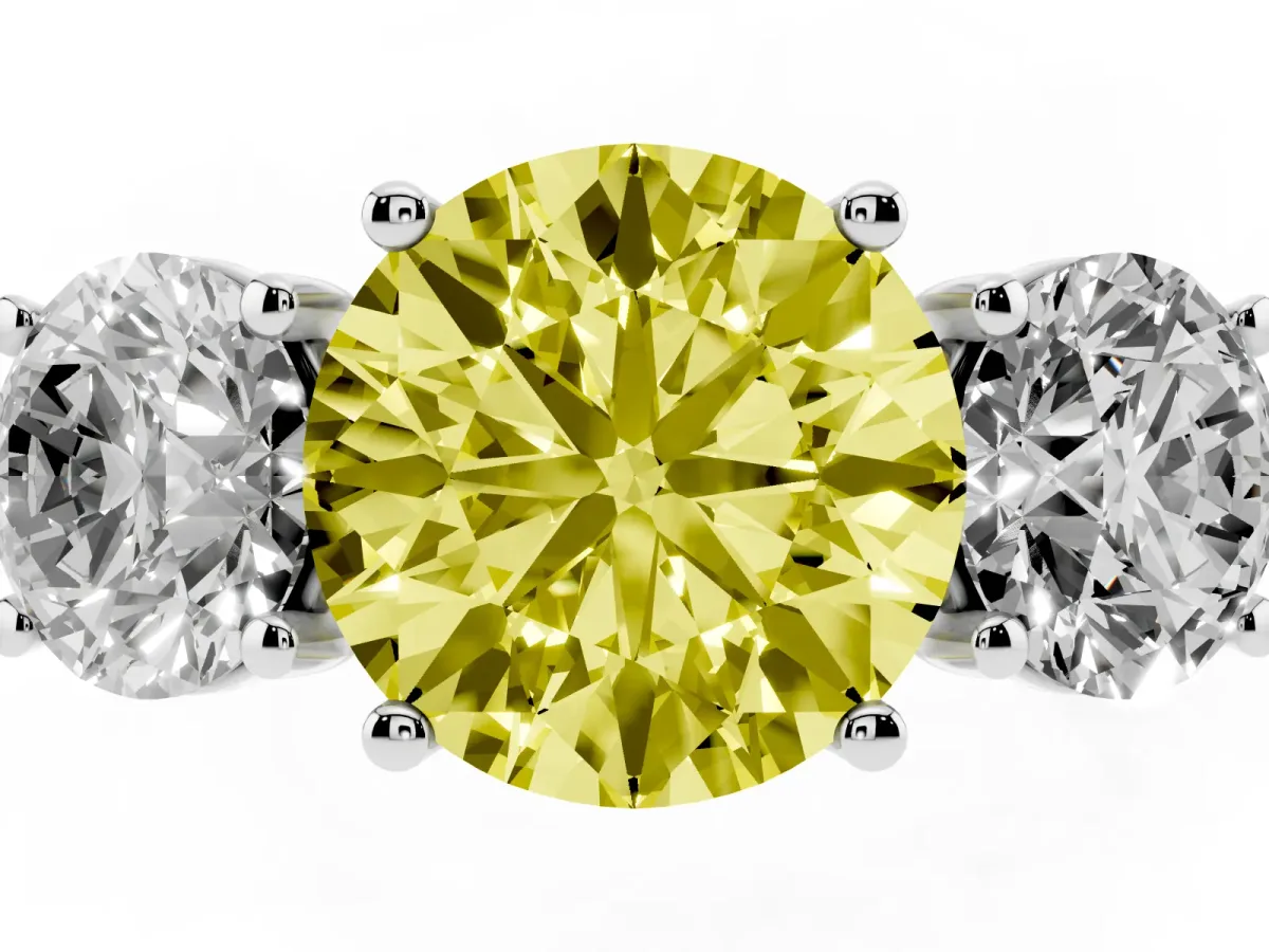 Fancy Yellow Three-Stone Round Cut Diamond Ring with Round Pavé Band and Prong Setting Silver