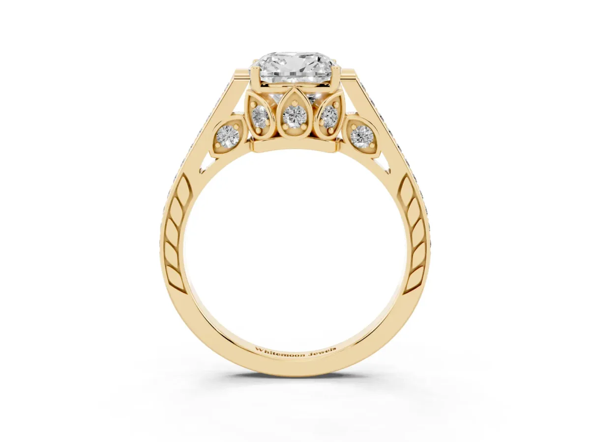 Cushion Cut Cut Cathedral Pave Diamond Engagement Ring with Six-Prong Setting Yellow gold
