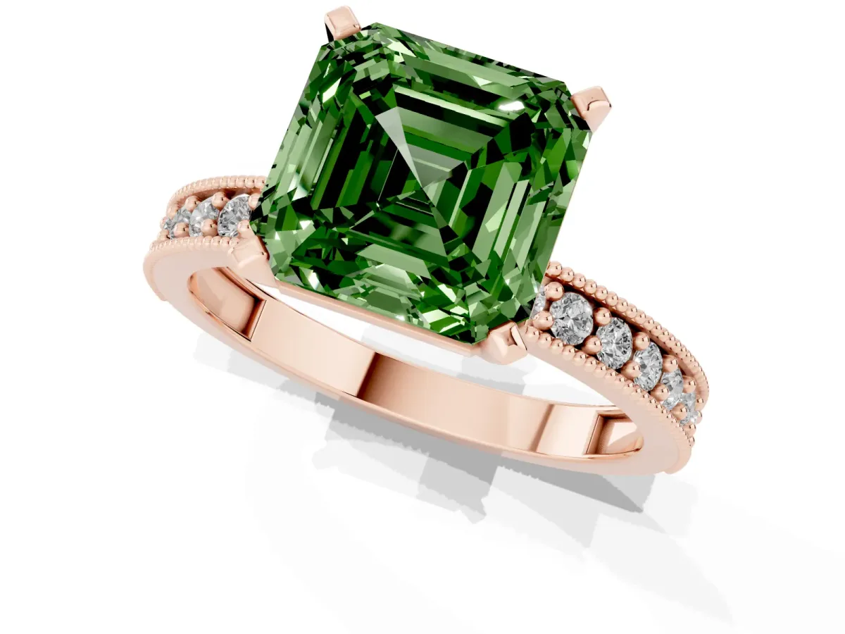 Fancy Green Asscher Cut Diamond Milgrain Pavé Engagement Ring with Four-Prong Setting Rose gold