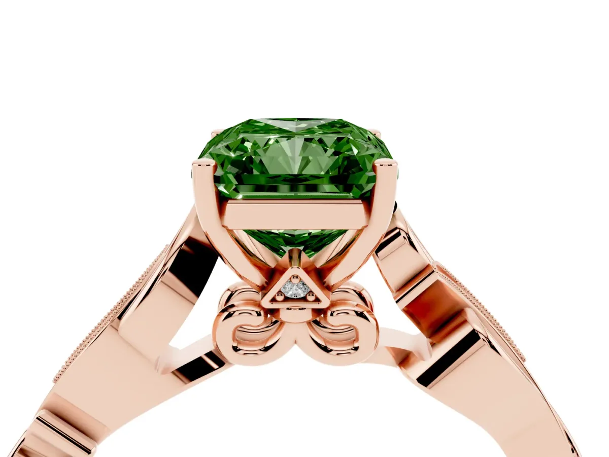 Fancy Green Radiant Cut Solitaire Vine Band with Milgrain Prong Setting Rose gold