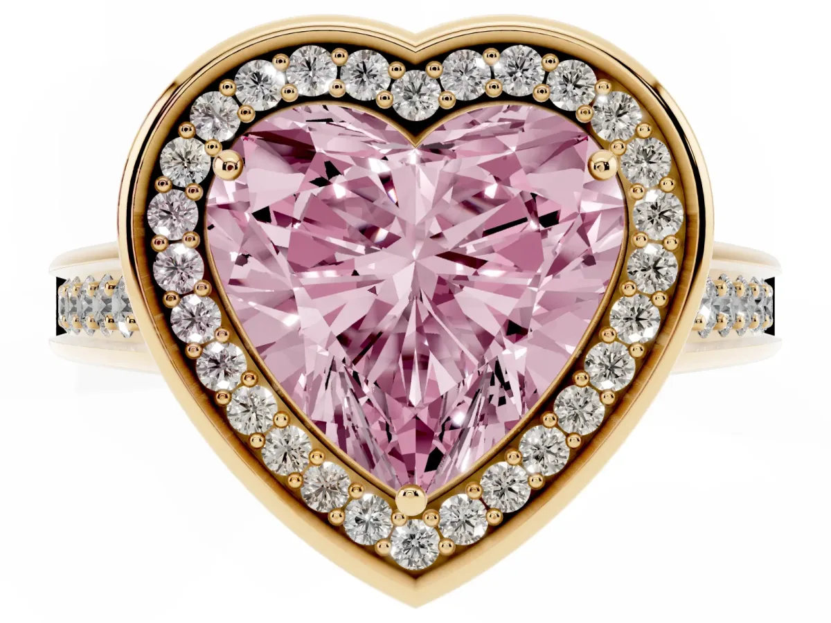 Fancy Pink Heart Cut Halo Solitaire Diamond Ring with Pave Band and Bezel Setting Yellow gold