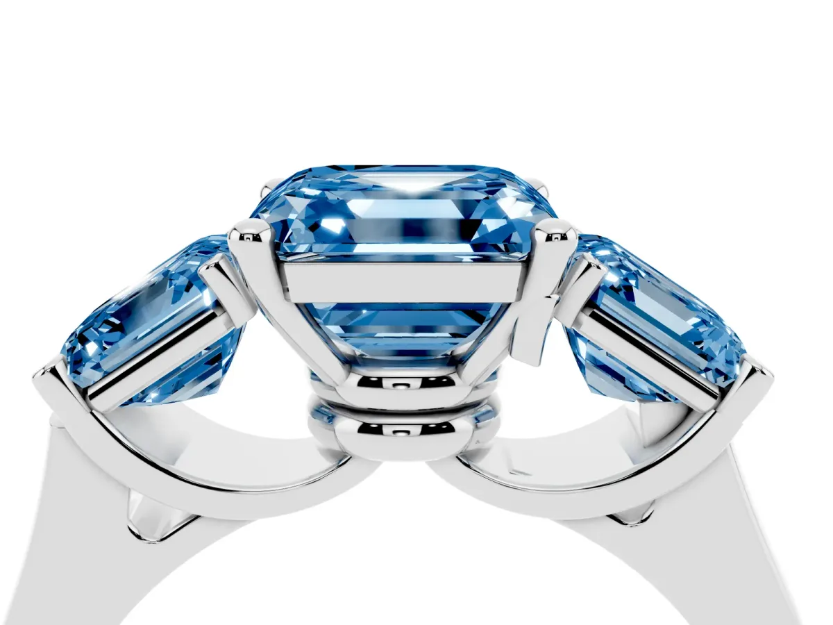 Fancy Blue Three-Stone Asscher Cut Brilliant Diamond Trellis Ring with Comfort Fit Band Silver