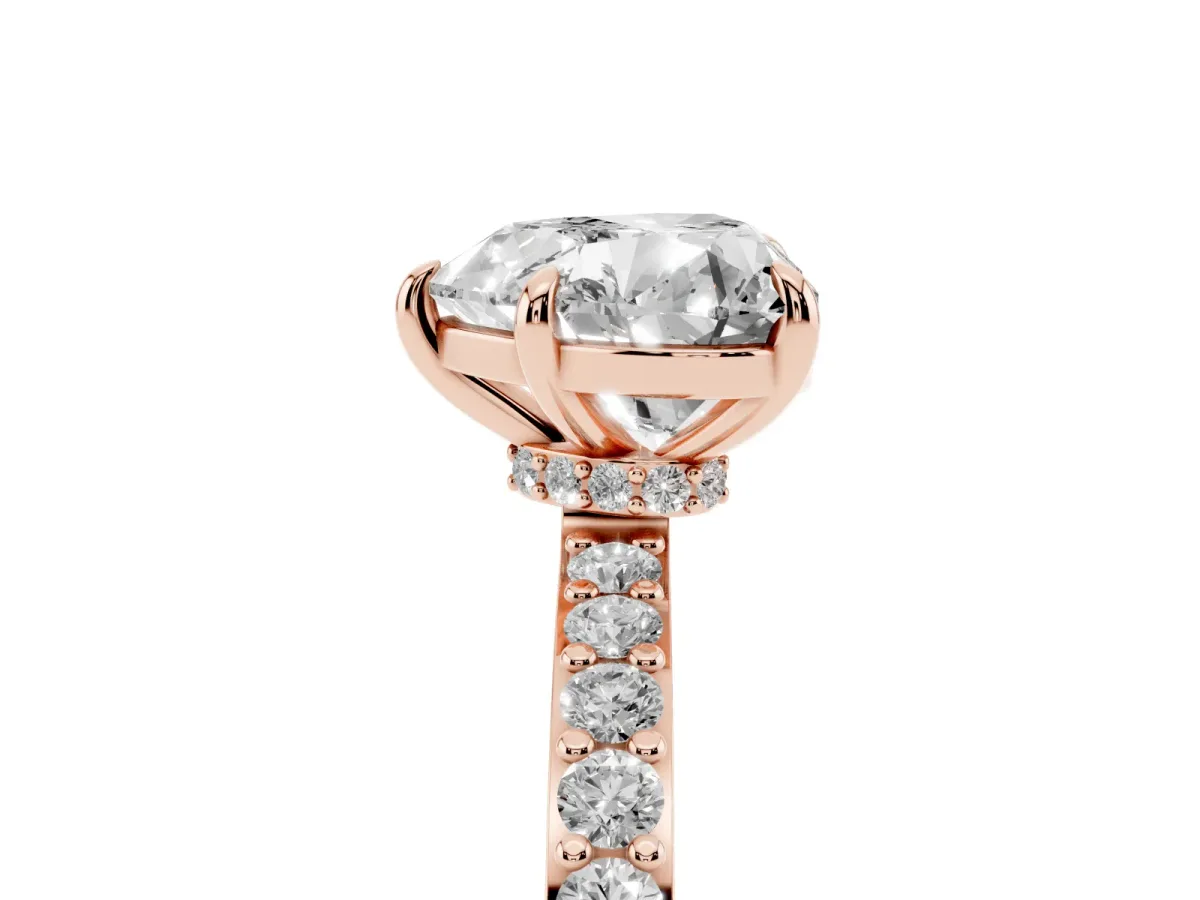 Heart Cut Diamond Pavé Engagement Ring with Round Accents and Prong Setting Rose gold