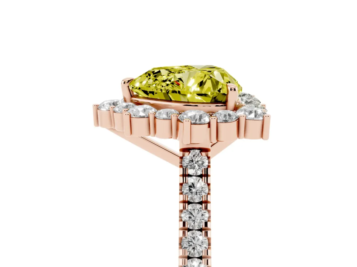 Fancy Yellow Heart Cut Halo Diamond Ring with Pavé Band and Prong Setting Rose gold