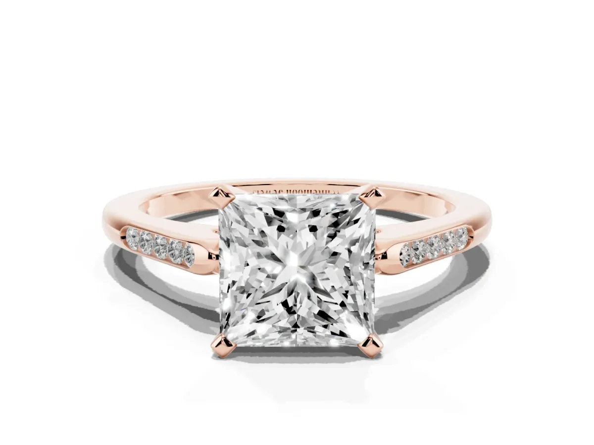 Princess Cut Diamond Solitaire Ring with Channel Set Round Band and Prong Setting Rose gold
