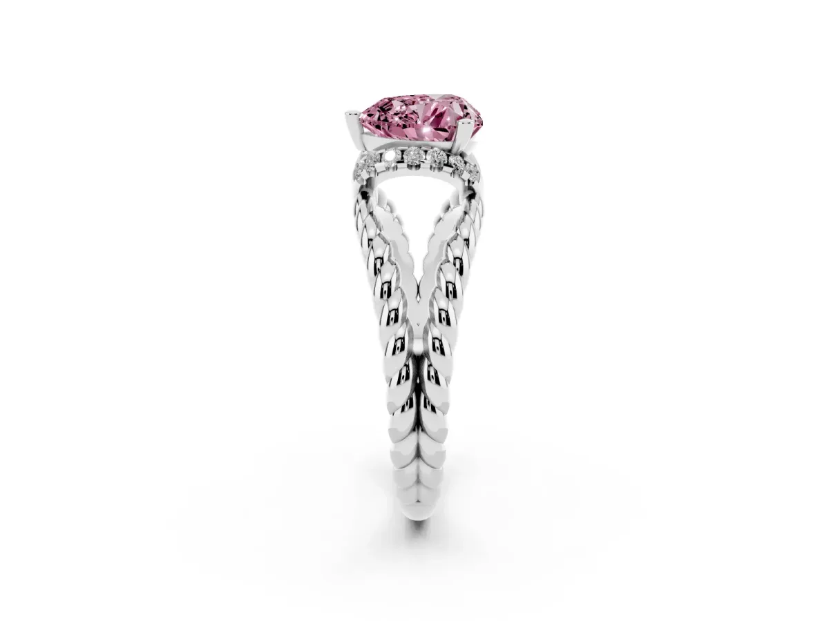Fancy Pink Heart Cut Halo Twisted Band Four-Prong Ring Silver