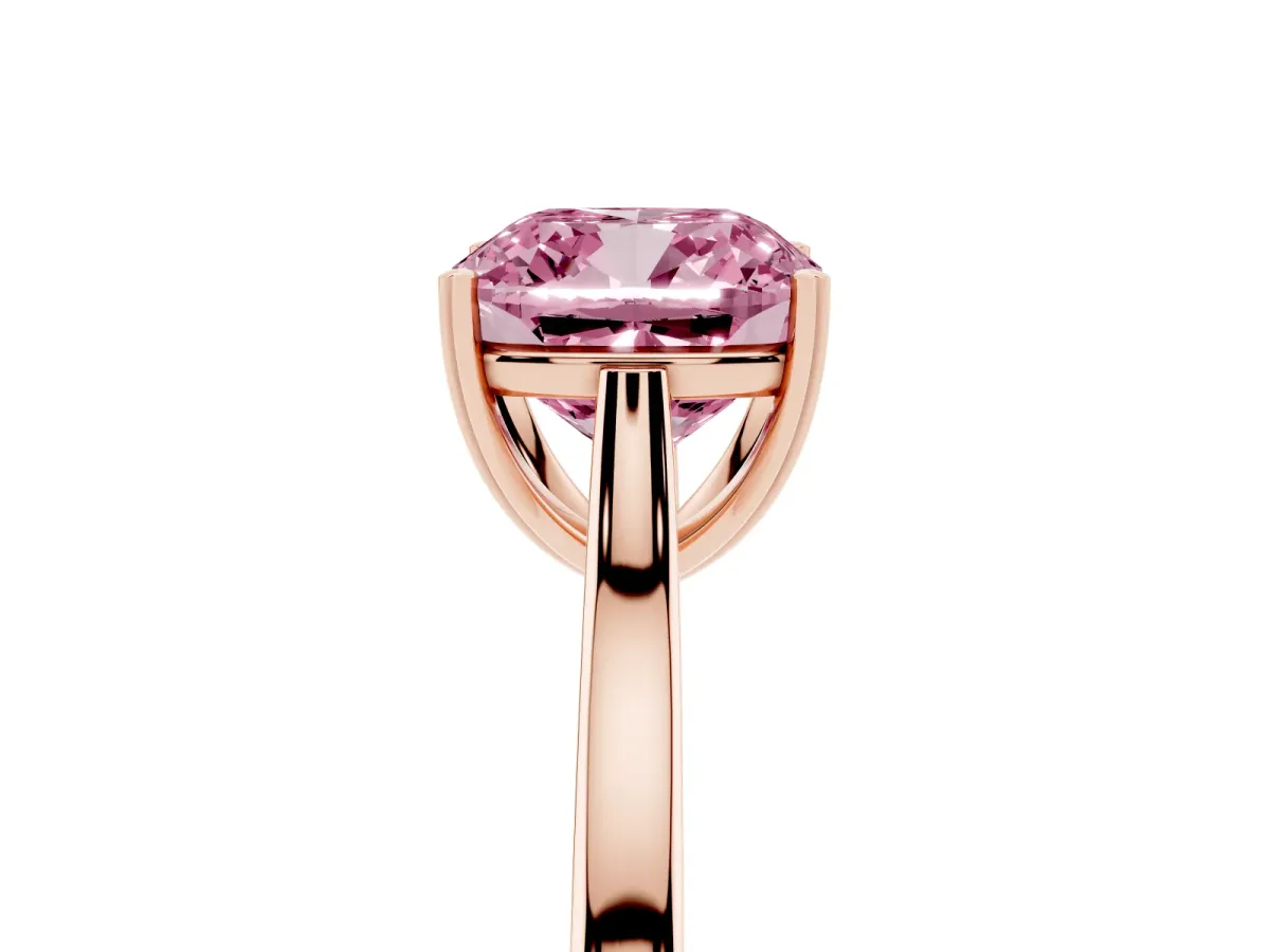 Fancy Pink Cushion Cut Solitaire Heart Prong Engagement Ring with Tapered Band Rose gold