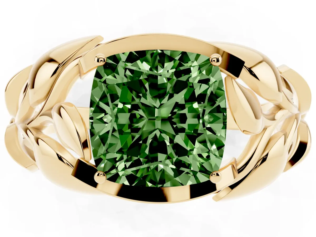 Fancy Green Cushion Cut Diamond Leaf-Inspired Engagement Ring with Round Accents and Prong Setting Yellow gold