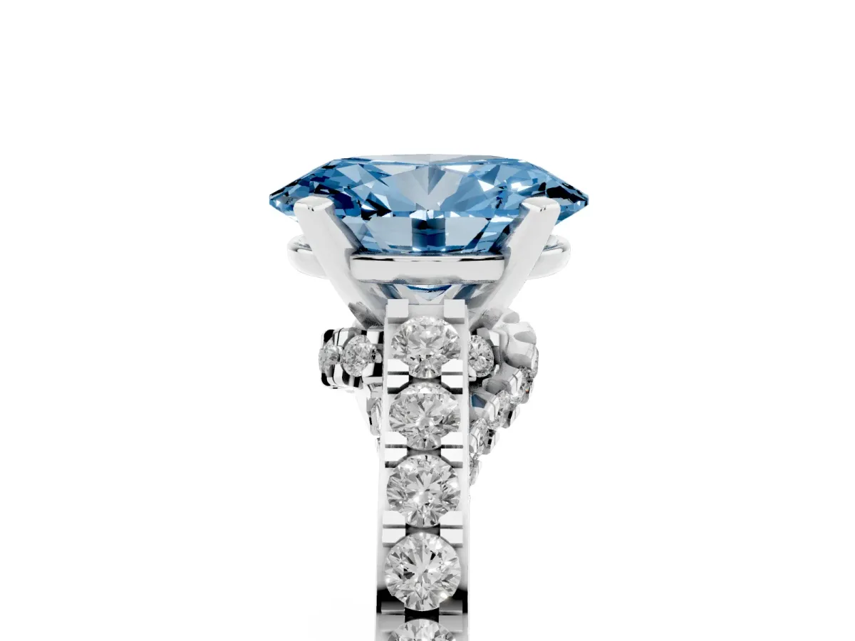 Fancy Blue Oval Cut Diamond Solitaire Ring with Crossover Gallery and Round Pavé Band Silver