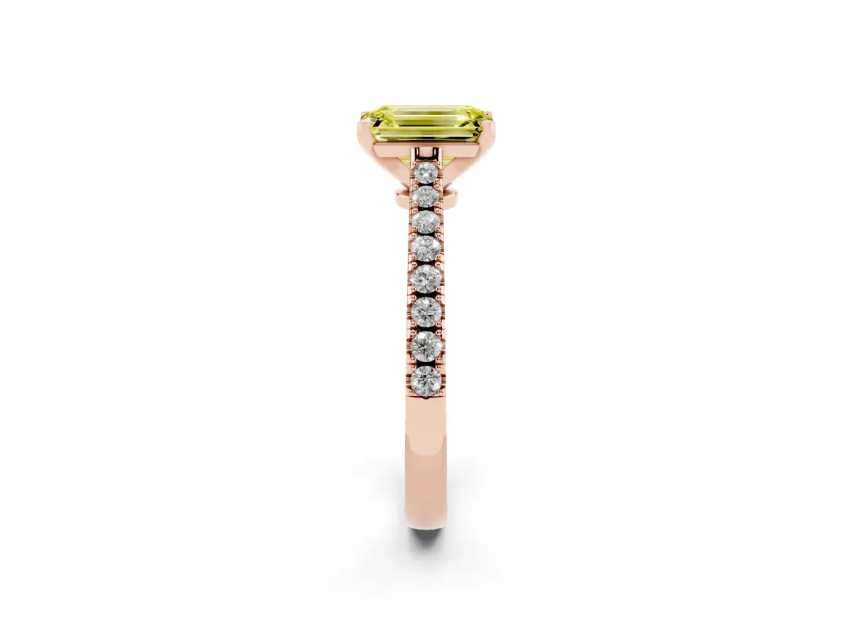 Fancy Yellow Emerald Cut Cut Solitaire Diamond Engagement Ring with Pave Band and Four-Prong Setting Rose gold
