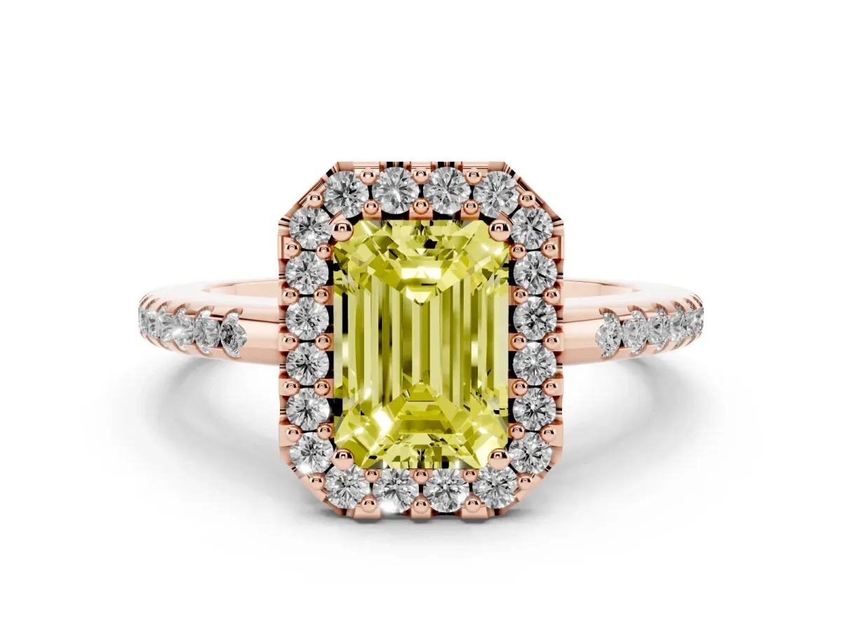 Fancy Yellow Emerald Cut Diamond Pavé Halo Ring with Four-Prong Setting Rose gold