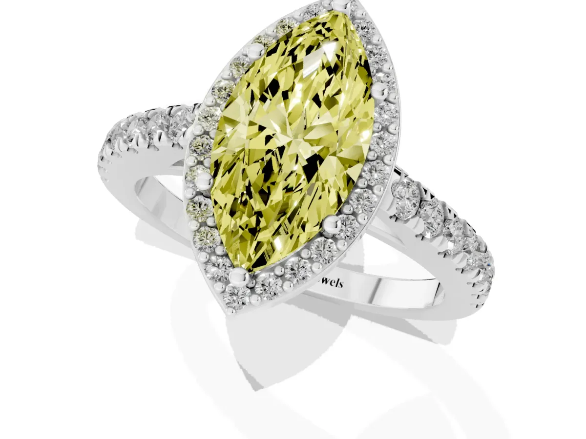Fancy Yellow Marquise Cut Cut Halo Diamond Engagement Ring with Pave Band and Four-Prong Setting White gold
