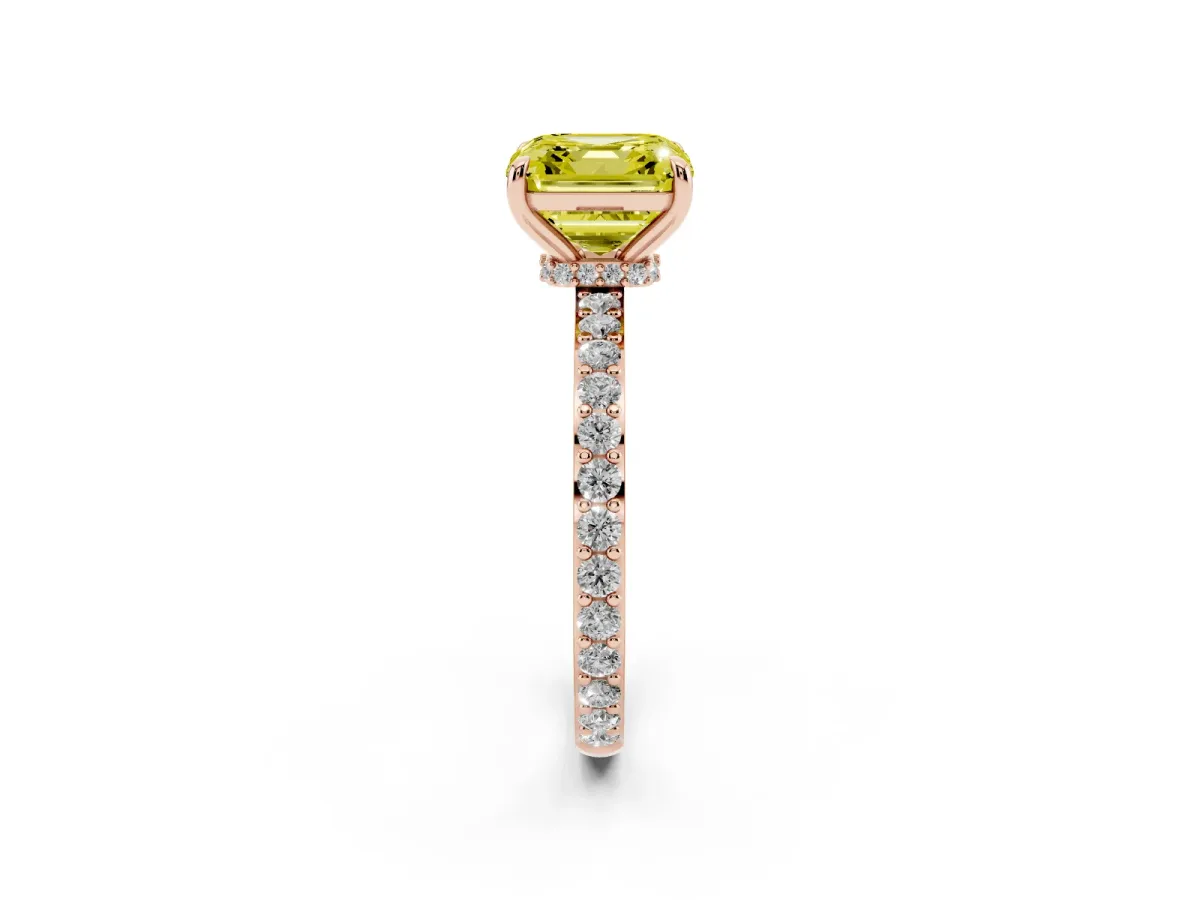 Fancy Yellow Asscher Cut Diamond Solitaire Engagement Ring with Pavé Band and Four-Prong Setting Rose gold