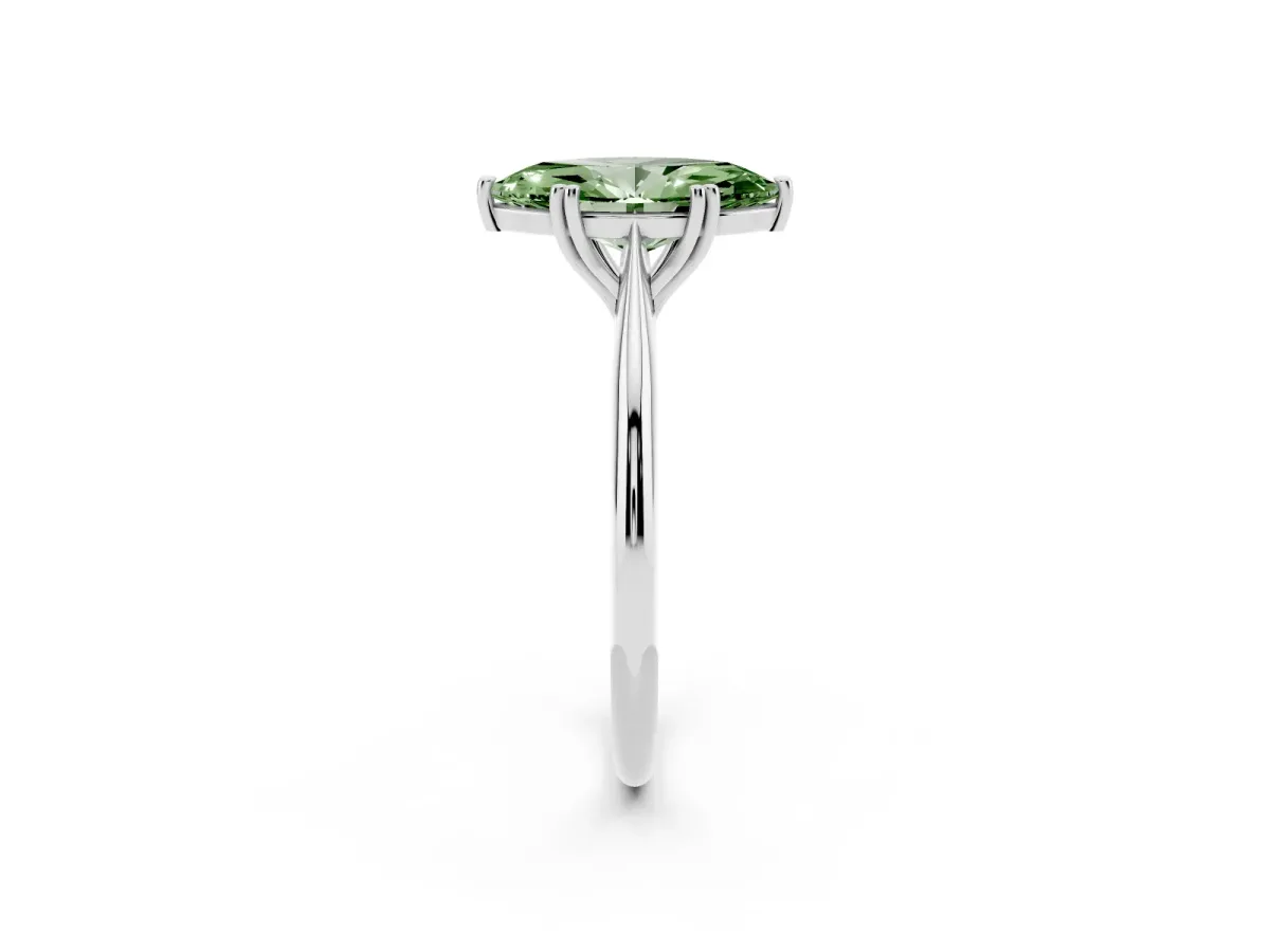 Fancy Green Marquise Cut Solitaire Diamond Ring with Six-Prong Setting and Classic Band Silver