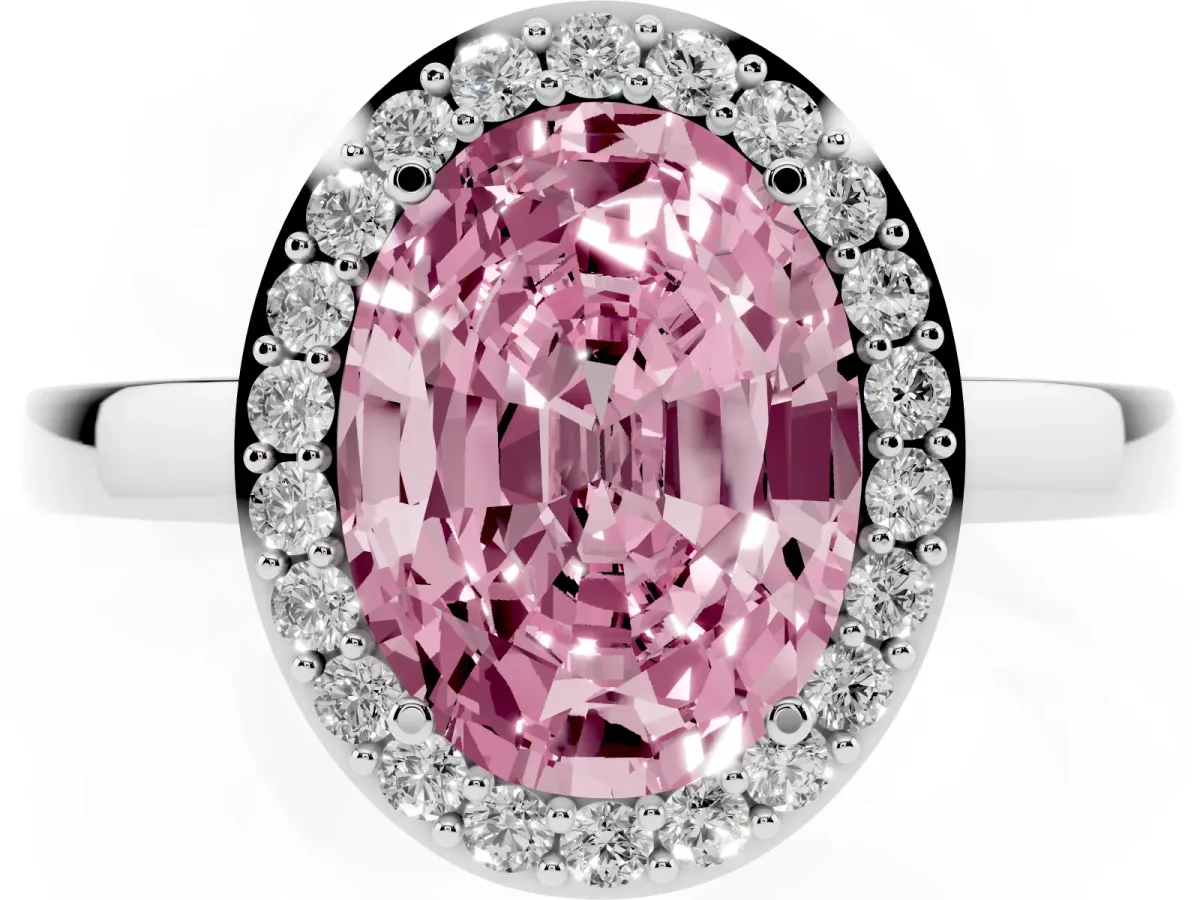 Fancy Pink Oval Cut Halo Diamond Ring with Solitaire Band and Prong Setting Silver