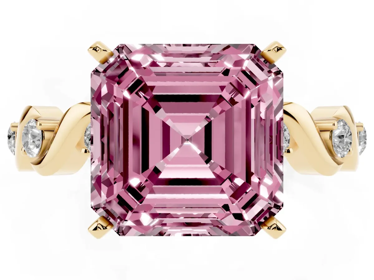 Fancy Pink Asscher Cut Diamond Solitaire Twisted Band with Round Accents and Prong Setting Yellow gold