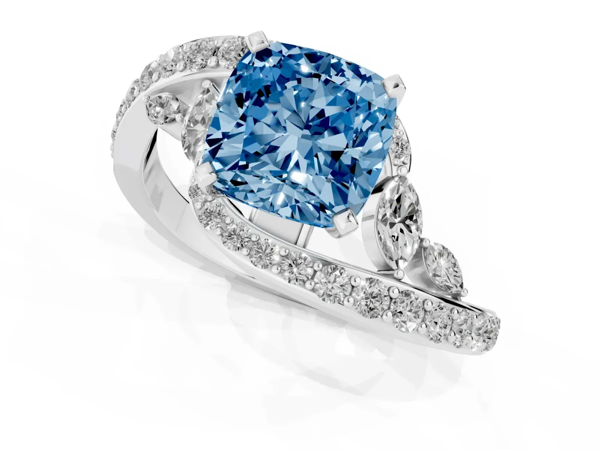 Fancy Blue Cushion Cut Solitaire with Pavé Twist Band and Four-Prong Setting Silver