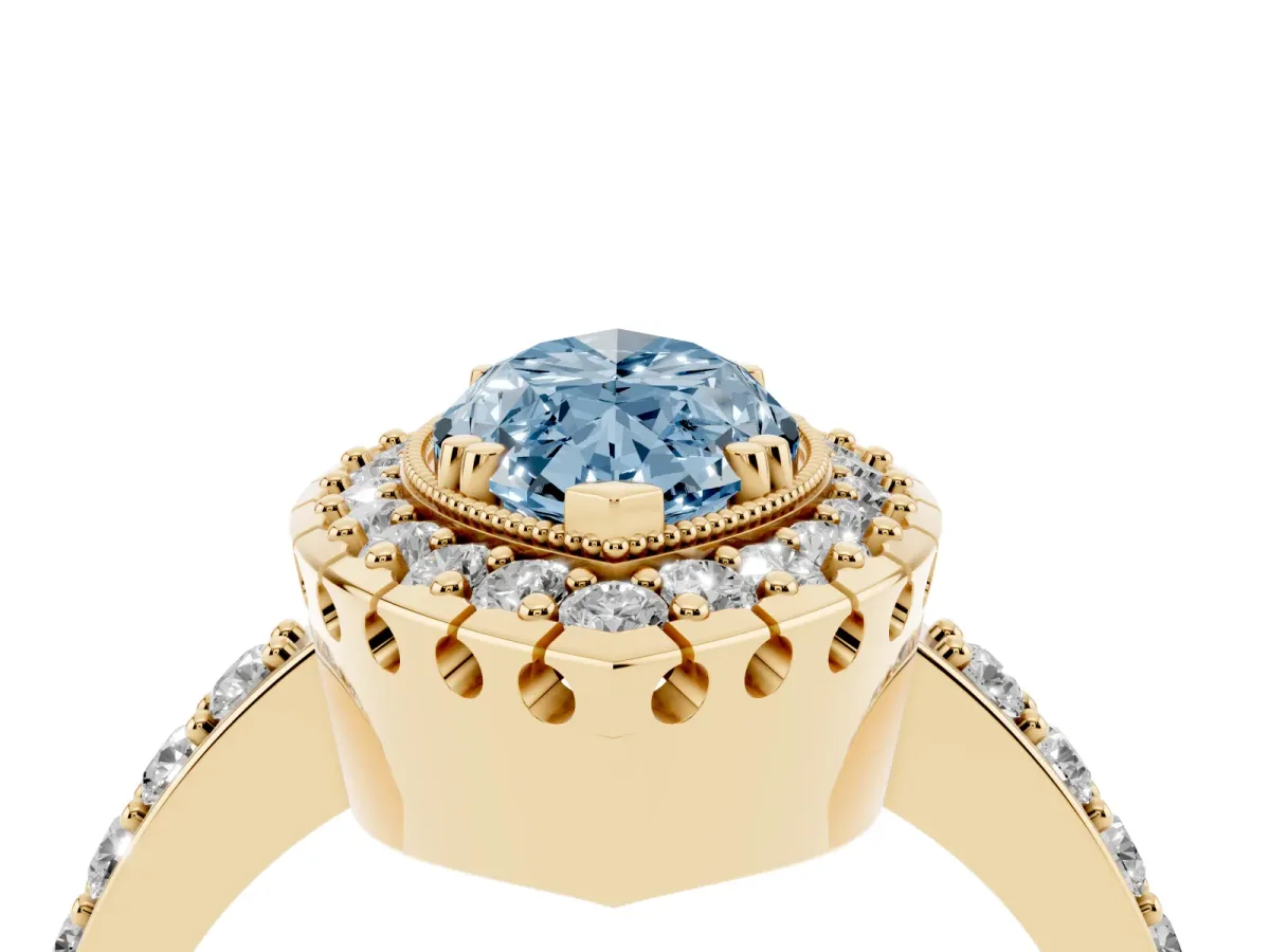 Fancy Blue Marquise Cut Diamond Halo Ring with Pavé Band and Prong Setting Yellow gold