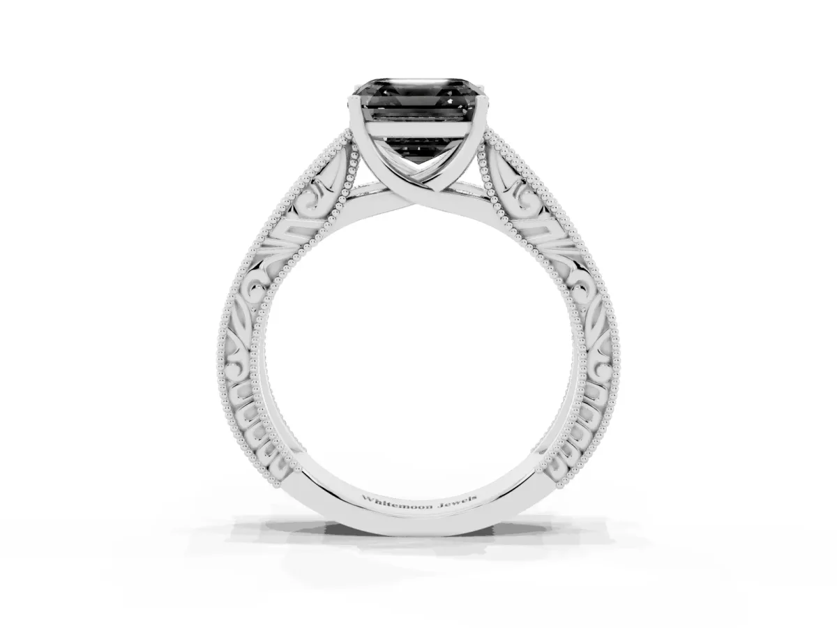 Fancy Black Asscher Cut Diamond Solitaire Ring with Engraved Band and Four-Prong Setting Platinum