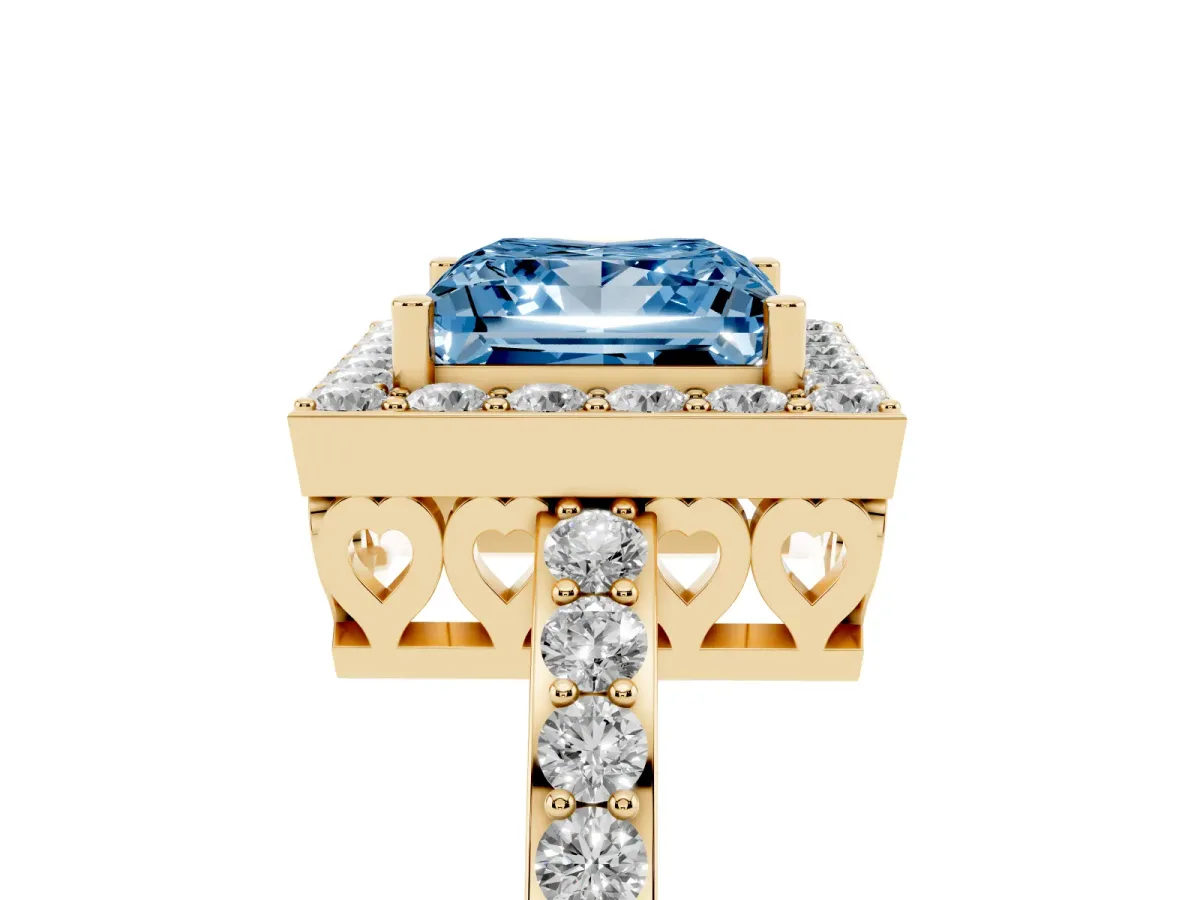 Fancy Blue Princess Cut Halo Diamond Pavé Band Ring with Prong Setting Yellow gold