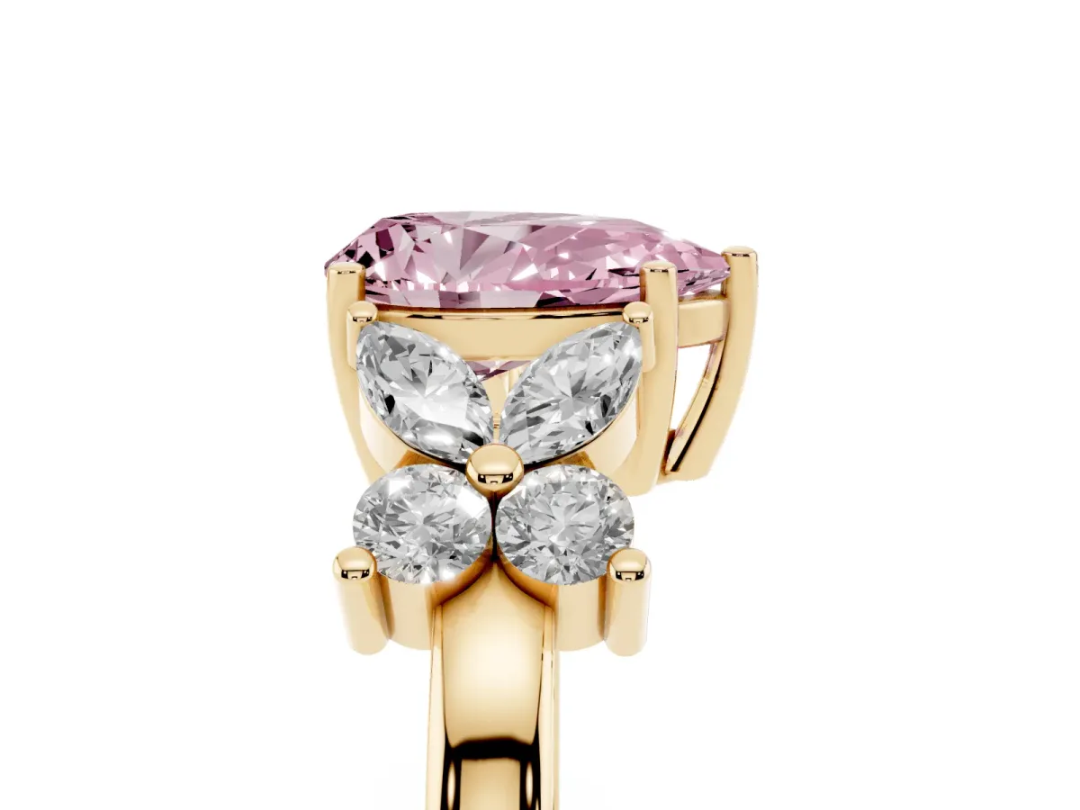 Fancy Pink Pear Cut Diamond Floral Cluster Ring with Solitaire Band and Prong Setting Yellow gold