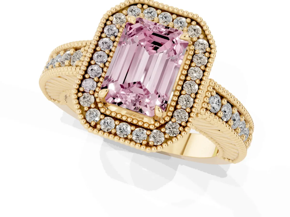 Fancy Pink Emerald Cut Cut Halo Diamond Ring with Pavé Band and Four-Prong Setting Yellow gold