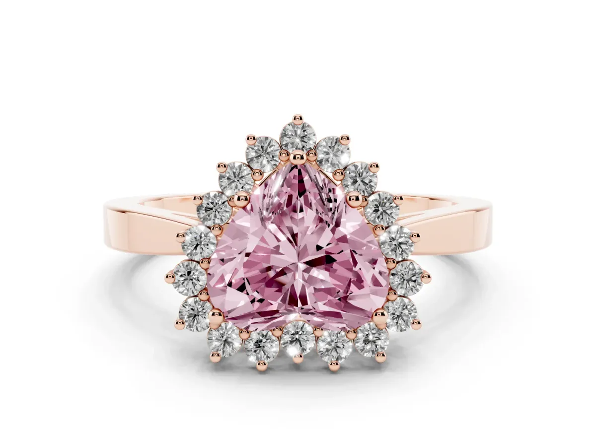 Fancy Pink Heart Cut Cut Diamond Halo Ring with Round Brilliant Halo and Solitaire Band Rose gold