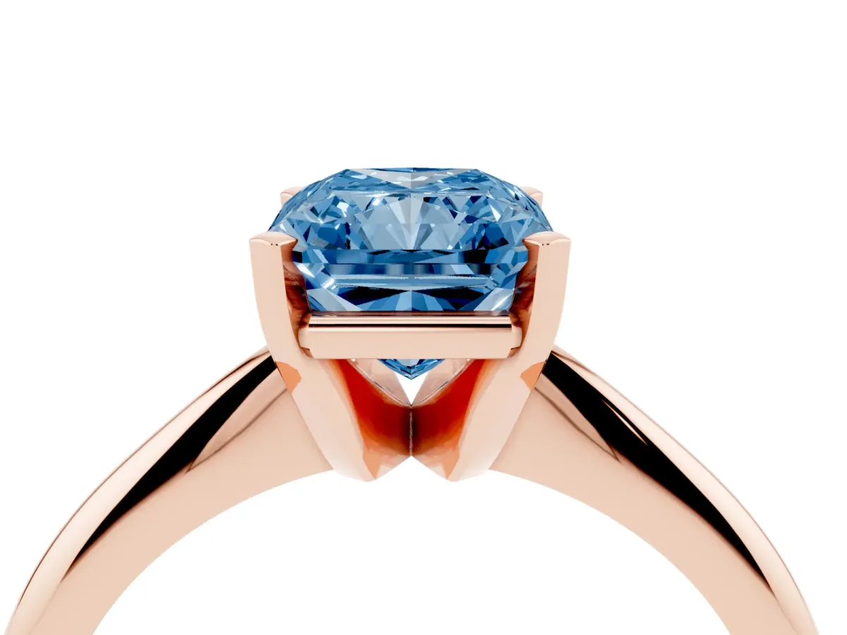 Fancy Blue Radiant Cut Cut Solitaire Ring with Four-Prong Setting on a Classic Band Rose gold