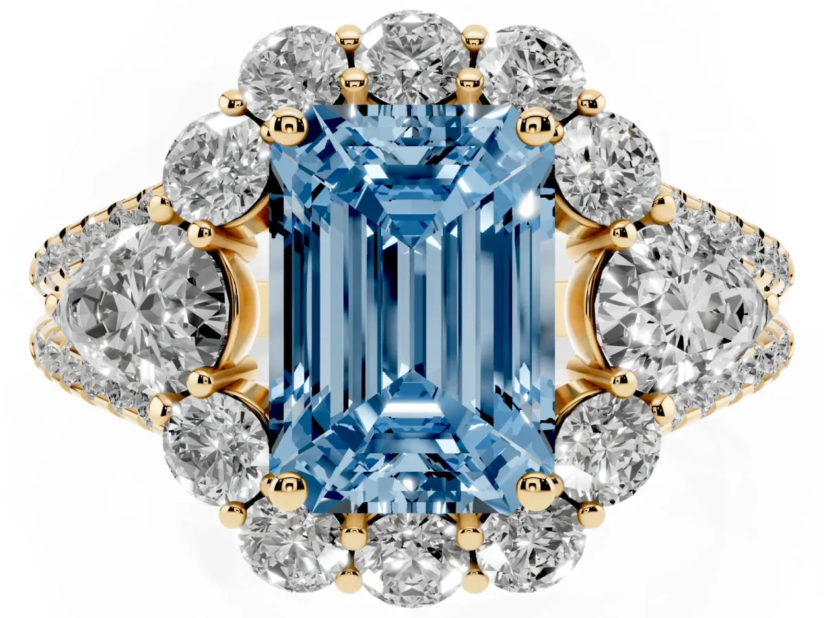 Fancy Blue Emerald Cut Halo Split Shank Diamond Engagement Ring with Prong Setting Yellow gold