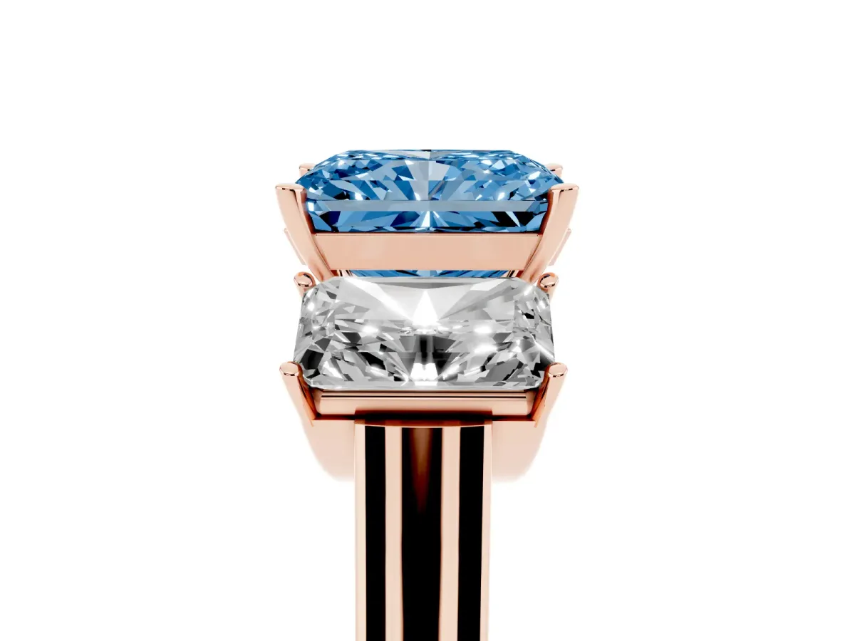 Fancy Blue Three-Stone Radiant Cut Brilliant Diamond Trellis Ring with Comfort Fit Band Rose gold