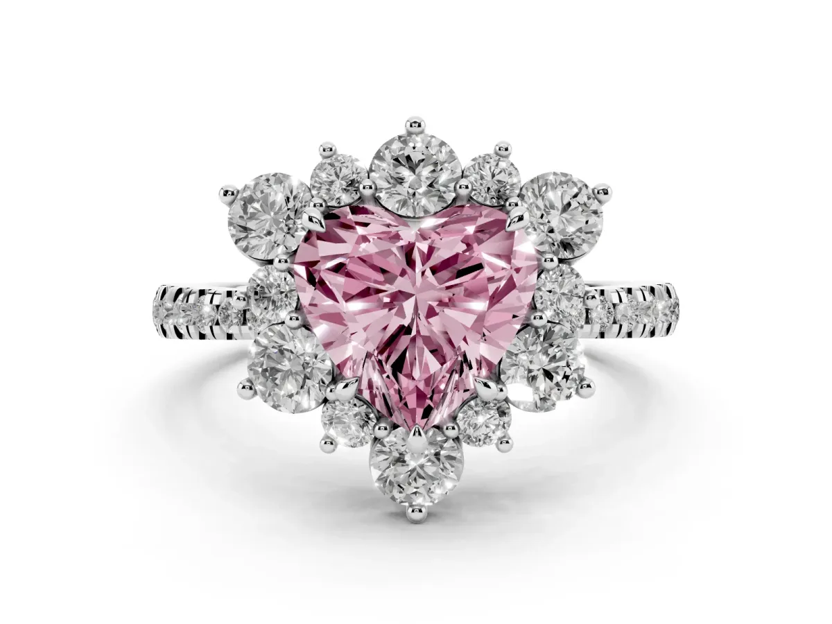 Fancy Pink Heart Cut Diamond Floral Halo Ring with Round Pavé Band and Prong Setting Platinum