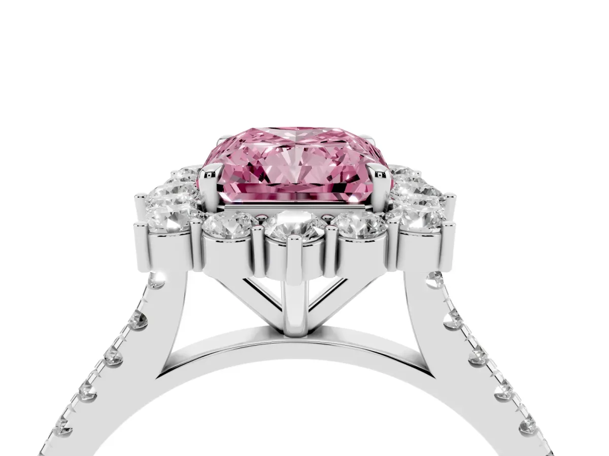 Fancy Pink Radiant Cut Halo Diamond Ring with Pavé Band and Prong Setting Silver