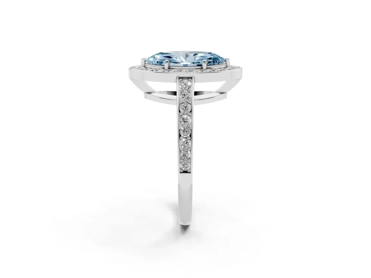 Fancy Blue Marquise Cut Halo Pavé Diamond Engagement Ring with Bezel Setting Silver