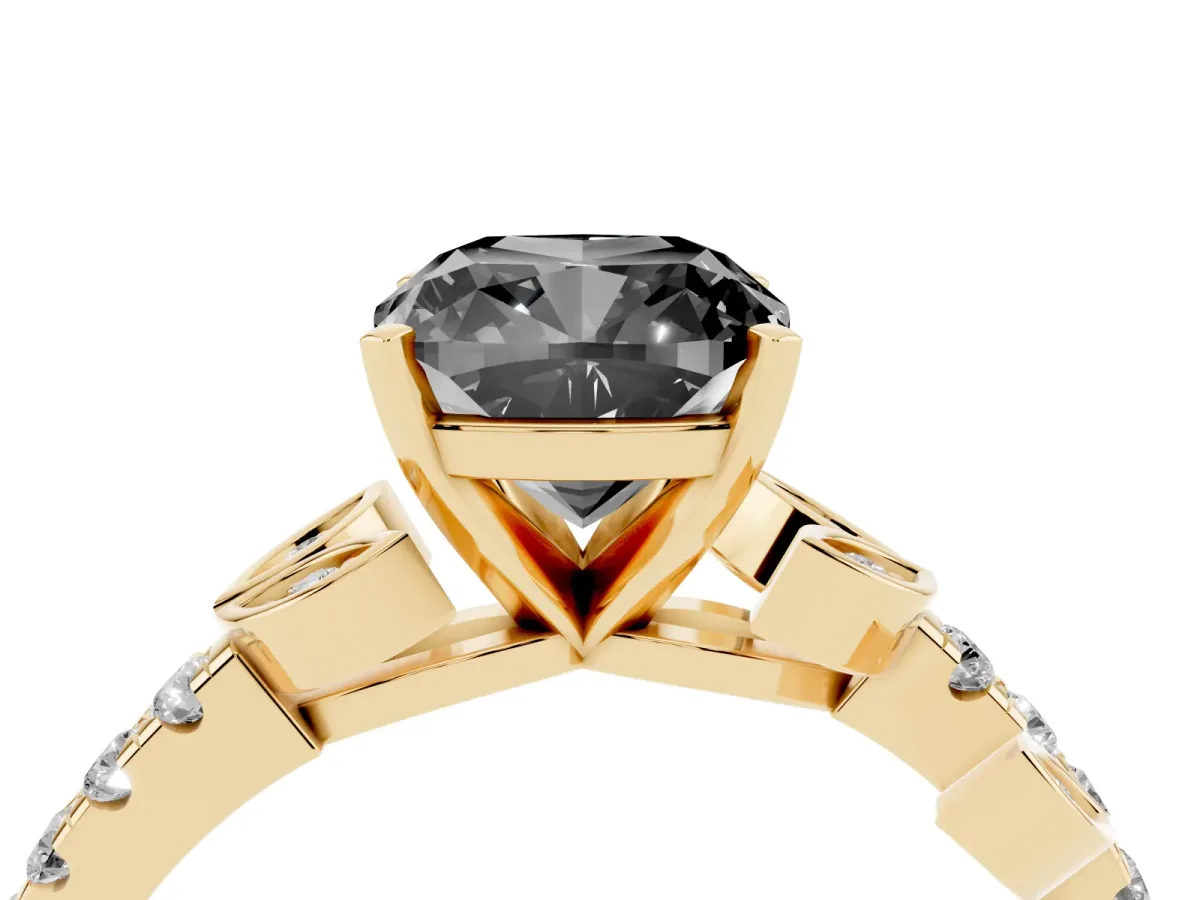Fancy Black Cushion Cut Solitaire Leaf-Inspired Diamond Ring with Pavé Band and Four-Prong Setting Yellow gold