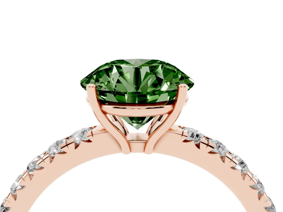 Fancy Green Round Cut Diamond Pavé Solitaire Engagement Ring with Four-Prong Setting Rose gold