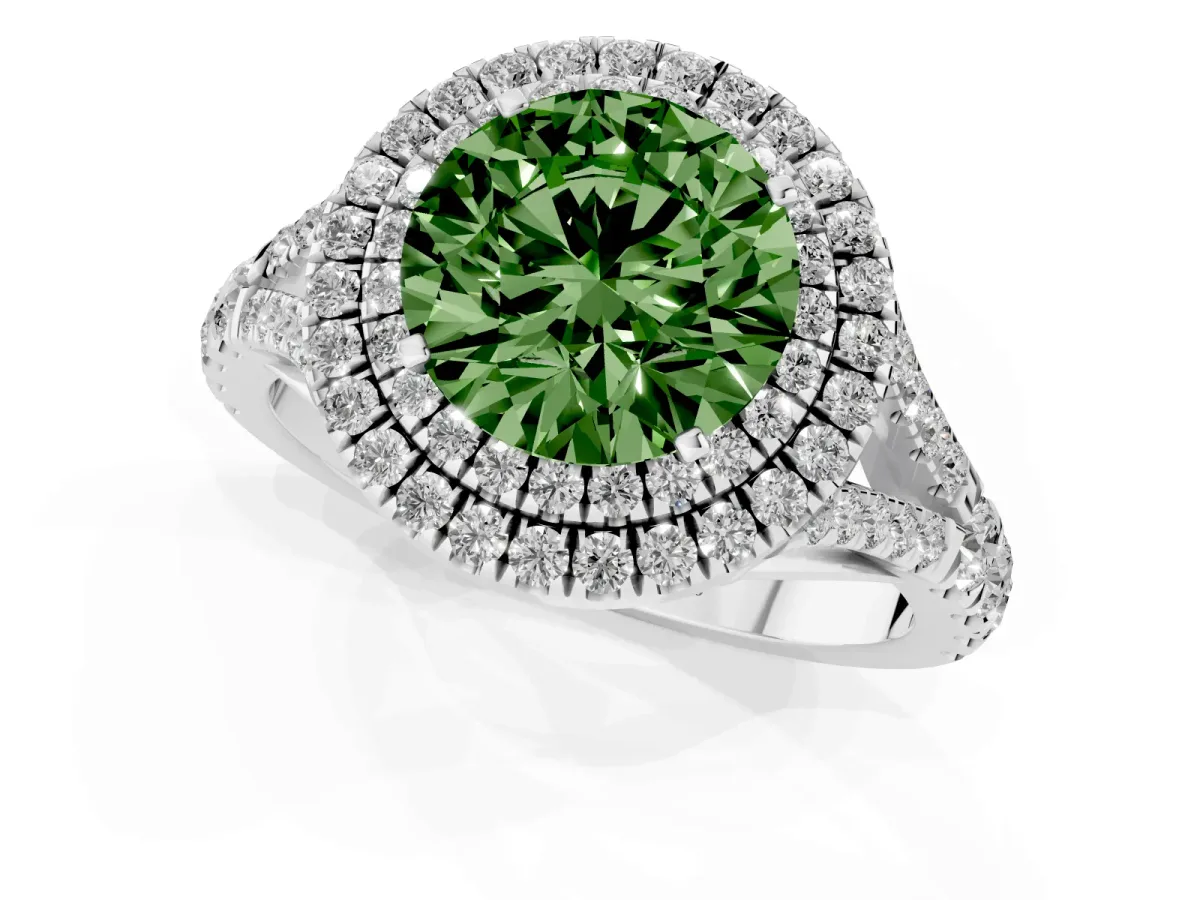 Fancy Green Round Cut Cut Double Halo Split Shank Diamond Ring with Prong Setting Silver