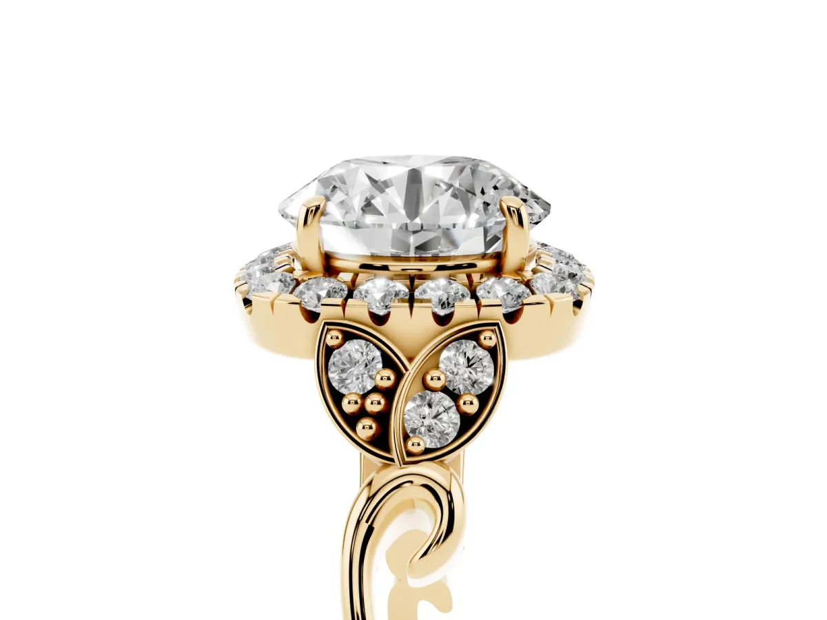 Round Cut Halo Diamond Engagement Ring with Vintage-Inspired Band and Four-Prong Setting Yellow gold
