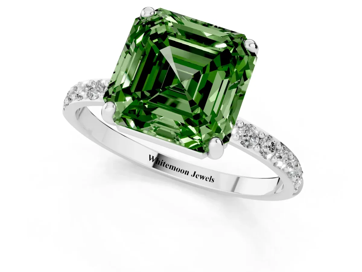 Fancy Green Asscher Cut Diamond Solitaire Ring with Round Pavé Band and Prong Setting Silver