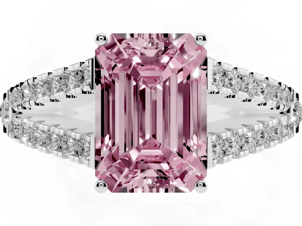 Fancy Pink Emerald Cut Diamond Split Shank Pavé Engagement Ring with Four-Prong Setting Platinum