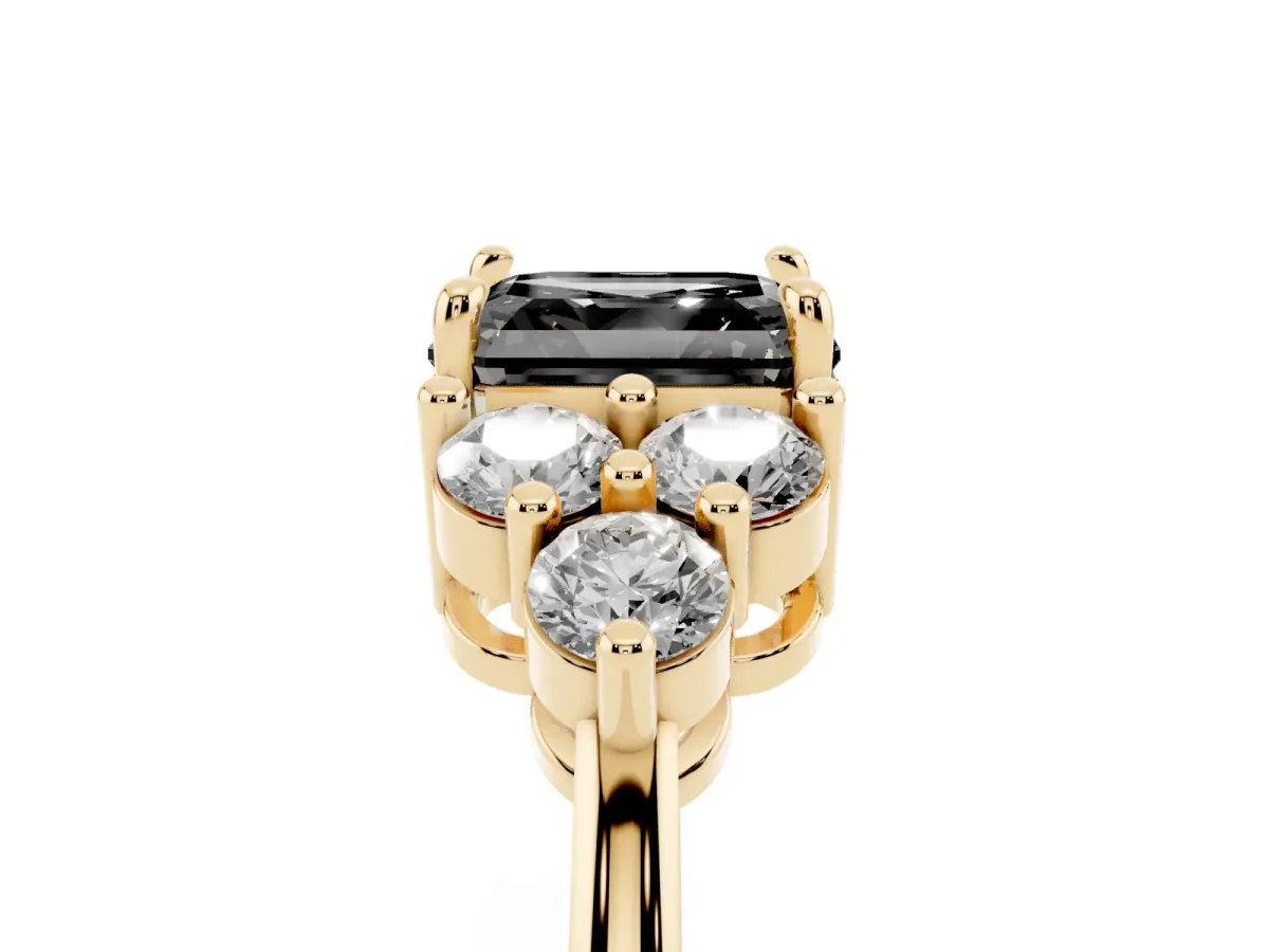 Fancy Black Asscher Cut Brilliant Diamond Cluster Accent Solitaire Ring with Prong Setting Yellow gold