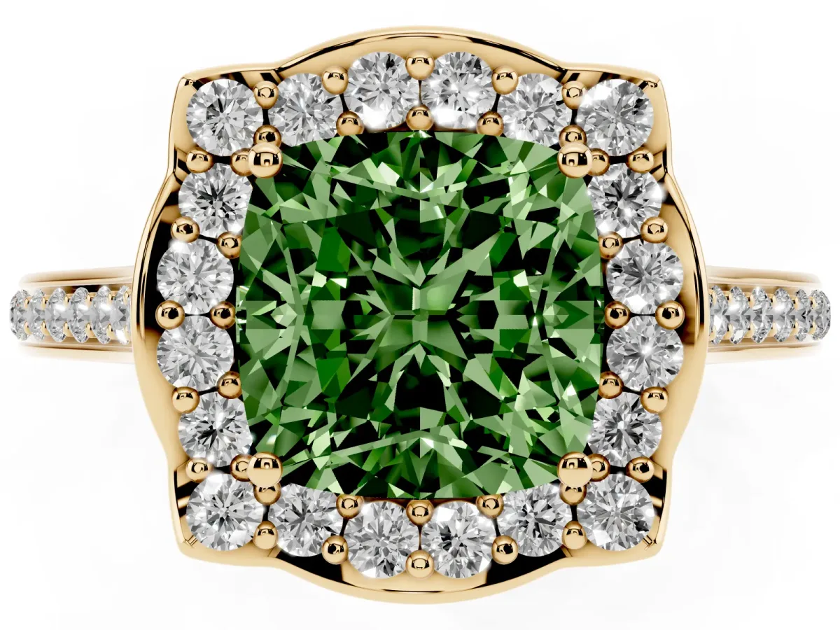 Fancy Green Cushion Cut Halo Round Diamond Pave Band with Four-Prong Setting Yellow gold
