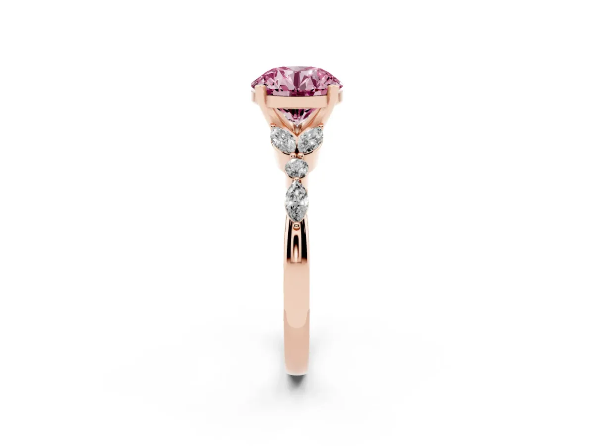 Fancy Pink Round Cut Diamond Solitaire Ring with Side Stones and Four-Prong Setting Rose gold