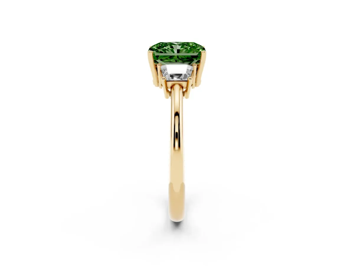 Fancy Green Radiant Cut Diamond Three-Stone Ring with Trapezoid Side Stones and Prong Setting Yellow gold